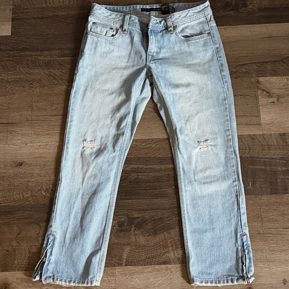 Buffalo David Bitton Light Blue Distressed Jeans w/ zipper adjstmnt on the ankle